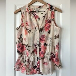LOFT Cream Sleeveless Button-Front Floral Top with Pink Blooms